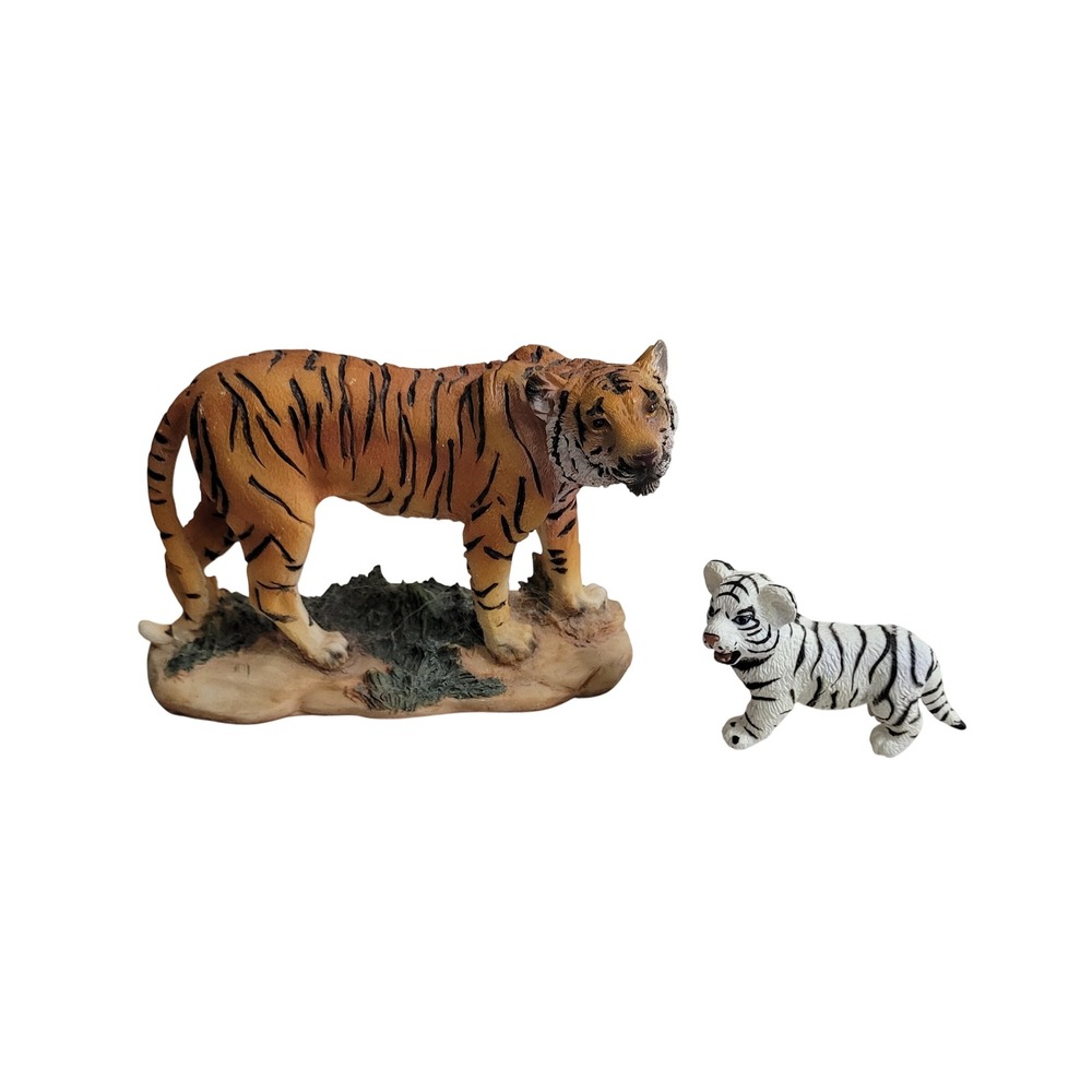 Unbranded Tiger Figurine Set Adult Orange & White Cub Resin Wildlife Decor 2pc